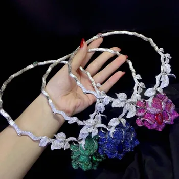 شراءالزفاف قلادة الزهرة 925 فضة غرامة مجوهرات Blingbling العروس Torques أحمر أخضر أزرق اللون شحن مجاني