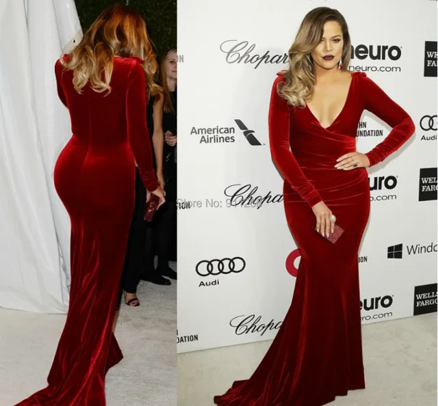 Luxury Khloe Kardashian Oscar Party Burgundy Evening Dresses Gowns Luxury Khloe Kardashian Oscar Party Burgundy Evening Dresses Gowns Long Sleeves New Mermaid Velvet Red Carpet