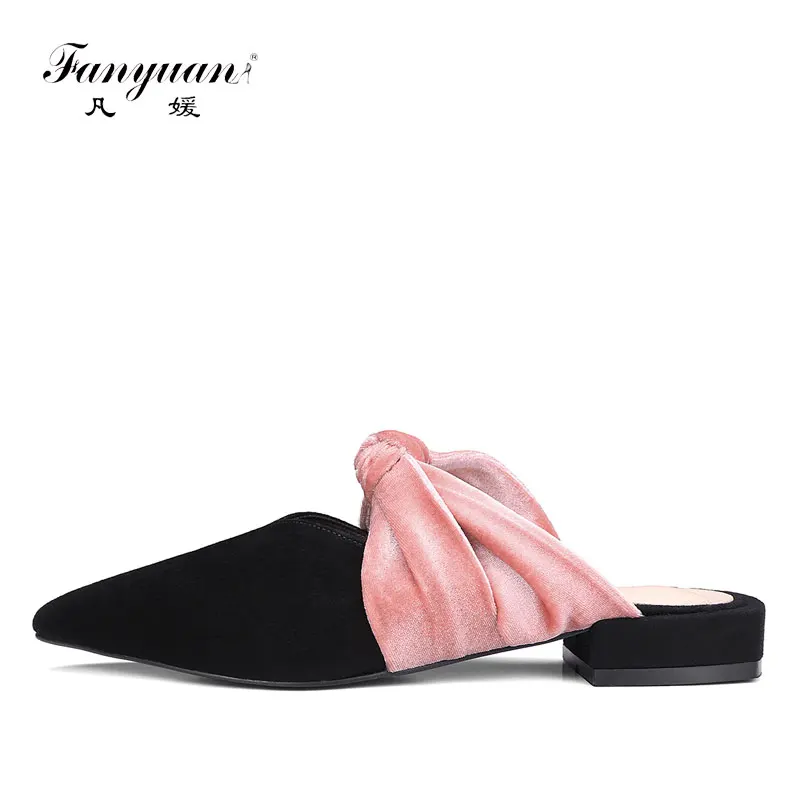 

Fanyuan Spring/Summer Suede Women Mules Slip-On Pointed Slingback Loafers Shoes Woman Mixed Bowtie Lady Flat Casual Mules Black