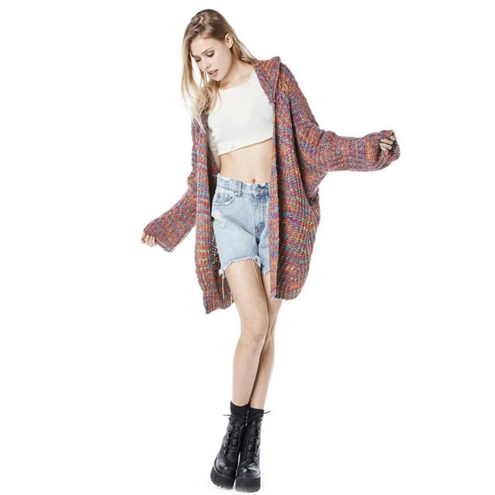Winter Long Cardigan Women Hooded Sweater Rainbow Knitted Christmas Pull Jumper Autumn Oversized Tops Plus Size Clothing