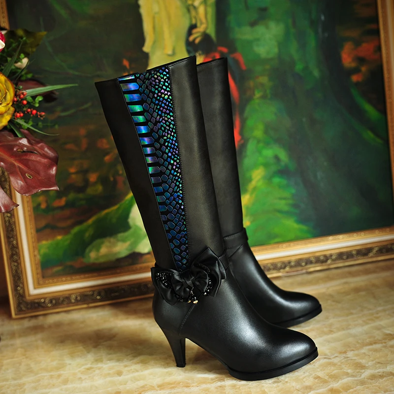 

Women Genuine Leather Thin Heels Butterfly Knot Half Boots Pointed Toe Fashion Spring And Autumn Paillette Boots 20170204