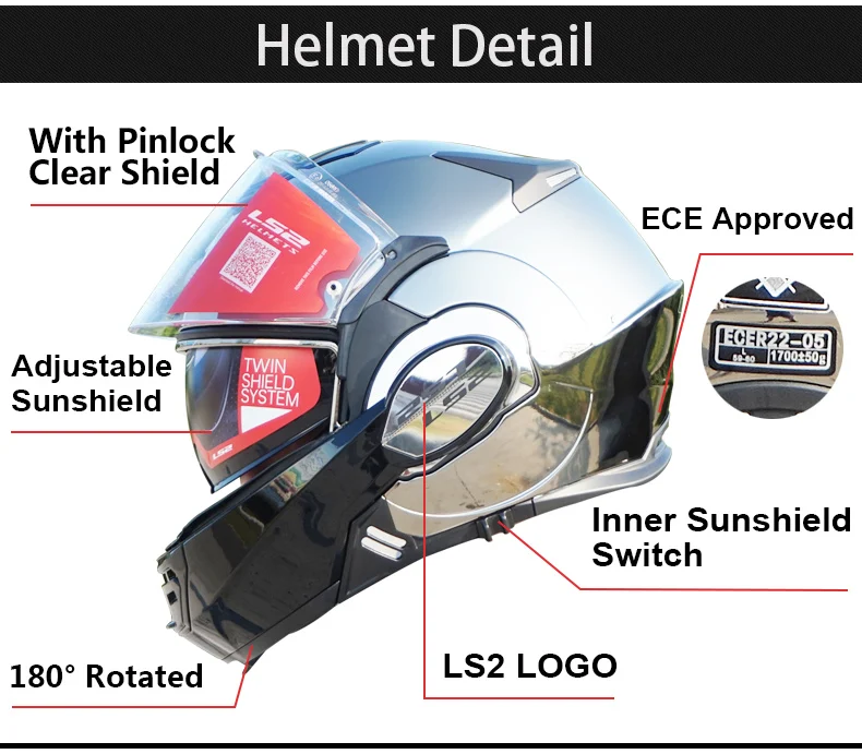 New Arrival Ls2 Ff399 Motorcycle Helmet Man Women Full Face Chrome