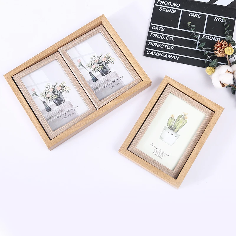 Creative Nordic Vintage Wooden Photo Frame Platform 6 Inch 7 Inch Rotating Double-sided Photo Frame Combined Decoration Crafts