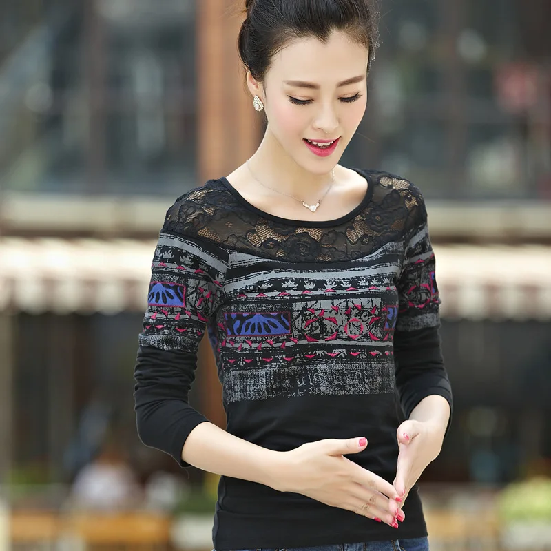 Poleras mujer Moda de Encaje T Shirt Camiseta de Corea ropa de La Camiseta Para Mujer de Manga Larga Tops Camiseta Femme Plus tamaño|tee shirt femme|shirt femmetee shirt -