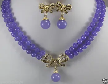 

Jewelry 001194 2 row 8mm purple jade amethyst necklace + bow pendant earrings