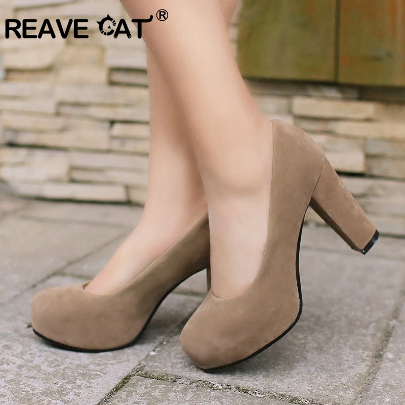 

REAVE CAT Women pump Lady shoes High heel Square heel Flock Platform Slip on Spring summer shoes Solid Big size Orange A1901