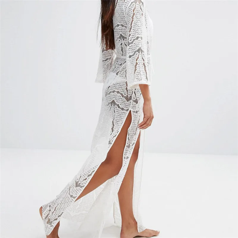 Summer White Beach Long Kimono Sexy Cover-Up Lace Patchwork Bikini Swimwear Tunic Swimsuit Bathing Suit Cover Ups Pareo