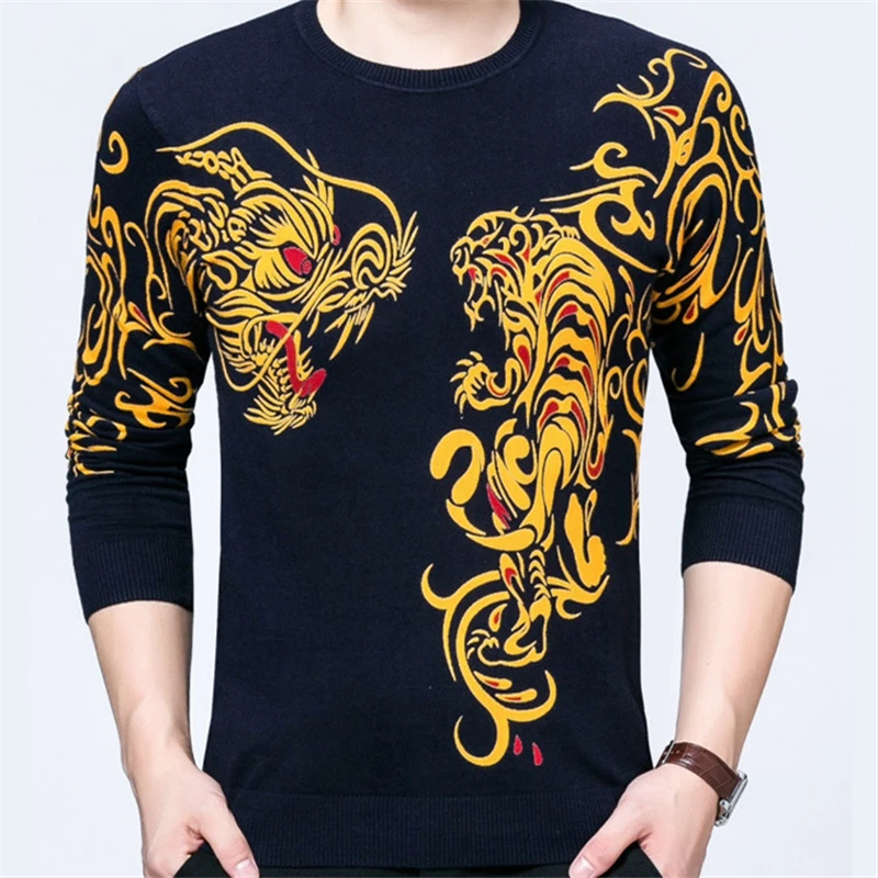 Свитер в китайском стиле с принтом в виде дракона тигра; коллекция года; сезон осень-зима; Модный вязаный мужской свитер m-xxxl
