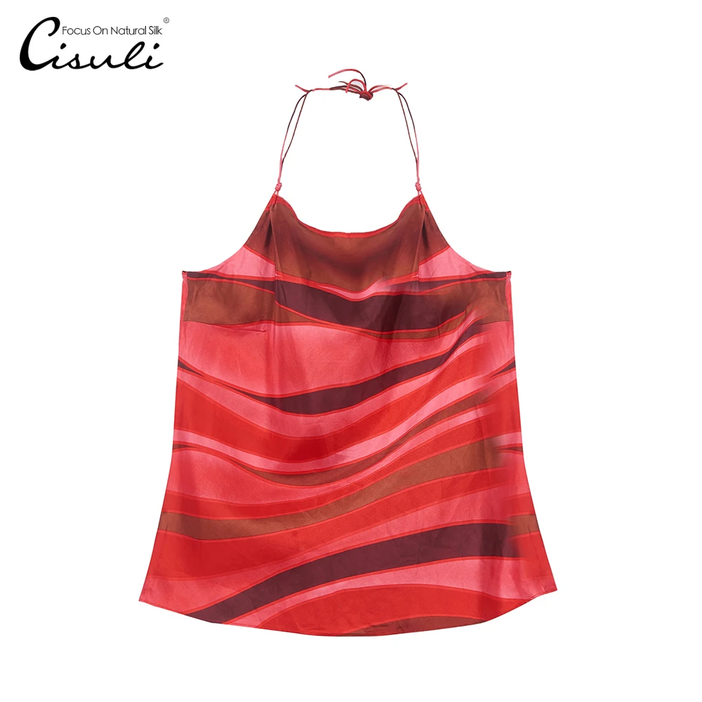 

[Defect]100% Natural Silk Women Camisole Hanging Neck Vest Lacing Camisole Adjustable Length Red Stripe Fashion Lady Camisole