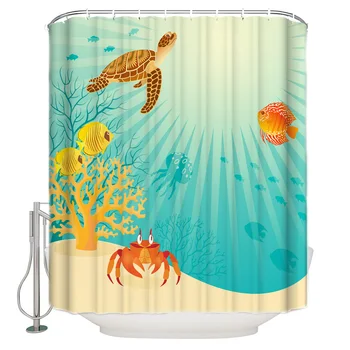 

Cartoon Turtle Sea Bottom Illustration Extra Long Fabric Bath Shower Curtains Mildew-resistant Bathroom Decor Sets with Hooks