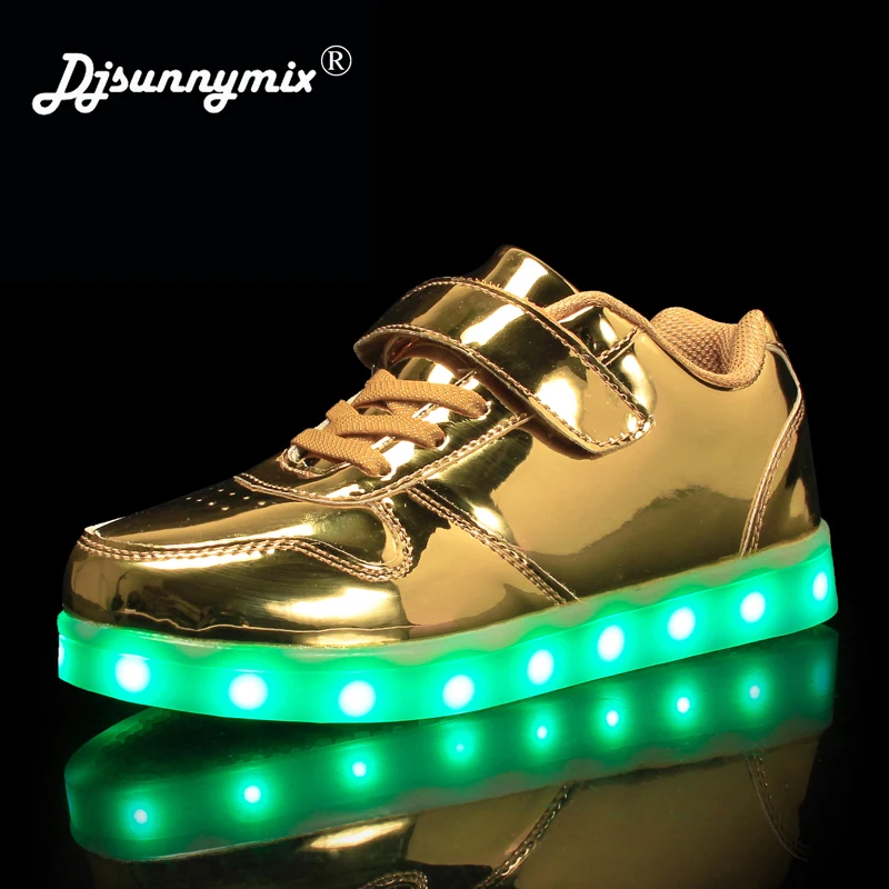 

DJSUNNYMIX 2018 Kids Sneakers Fashion USB Charging Lighted Colorful LED lights Children Shoes Casual Flat Girls Boy Shoes gold