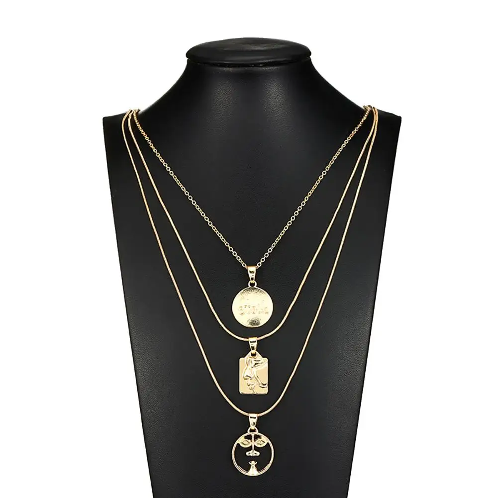 Vintage Women Round Human Face Pendant Choker Necklace Multi-layer Party Jewelry |