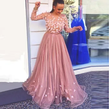 

Blush Muslim Evening Dresses Grace A-line Long Sleeves Tulle Flowers Elegant Islamic Dubai Saudi Arabic Long Formal Evening Gown