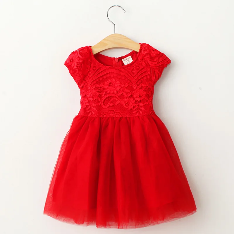 

2016 Girl New Baby Girl Birthday Dress Girl Kids Upper Lace Puff Sleeve Solid O-neck dress Kids Party Dress