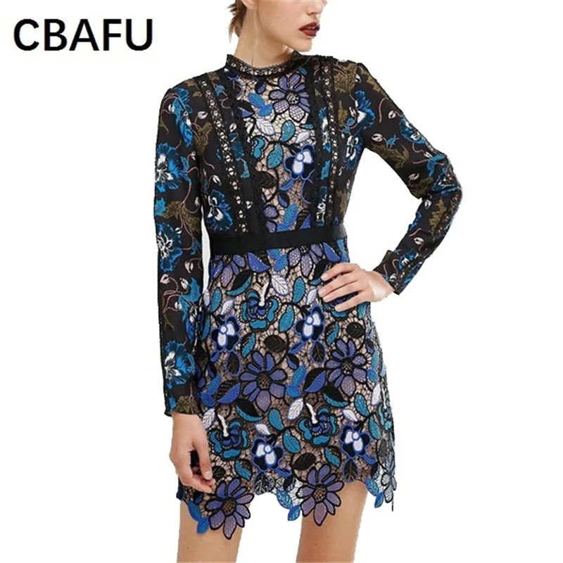 

CBAFU high quality self portrait dresses autumn lace dress long sleeve slim floral embroidery hollow out mini dress N587