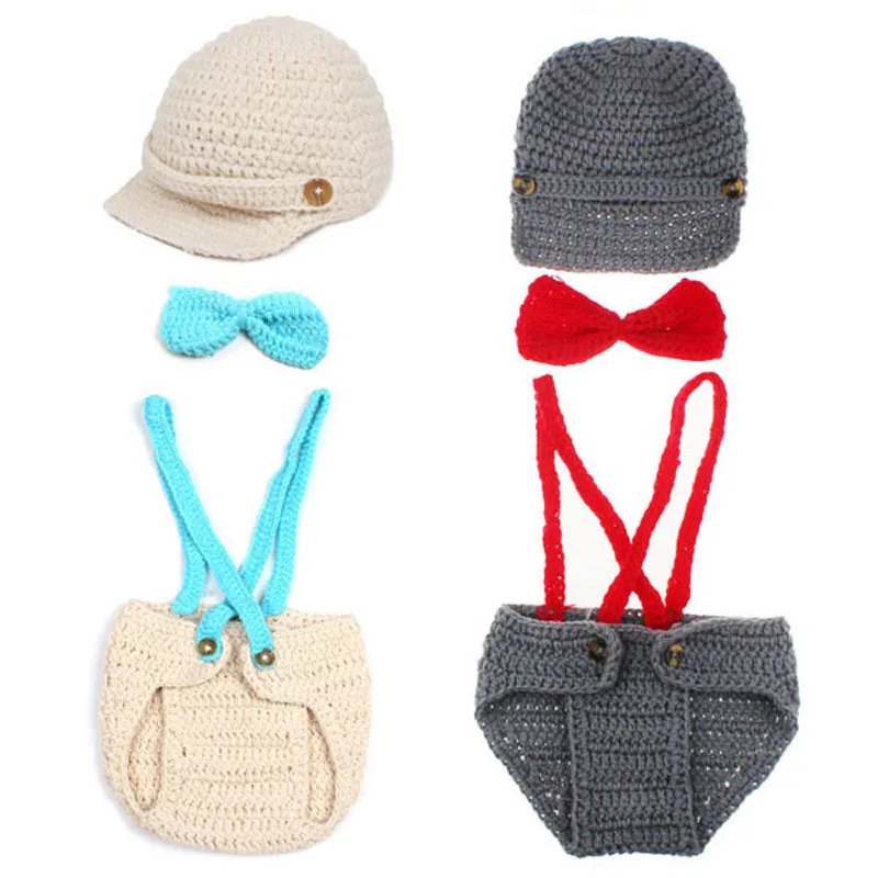 Little Gentleman Outfit Knitted Baby Beanie Hat with Suspenders Bow Tie