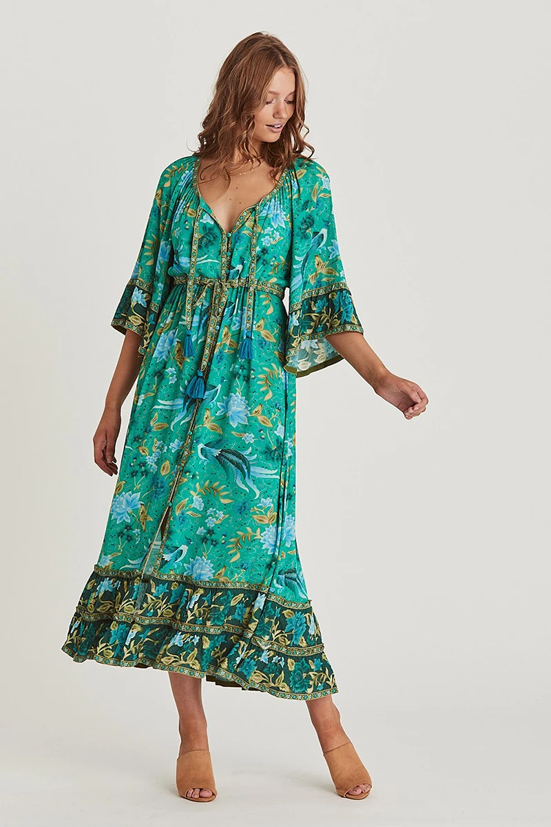 TEELYNN maxi women dresses Malachite green rayon ILONA Forest floral print summer Dresses Drawstring waist BOHO Dresses vestidos