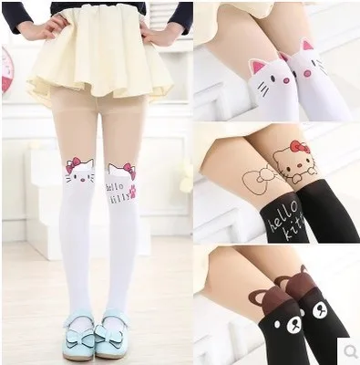 

Summer Children's Baby Kids Girls Thin Tights Pantyhose Knee Fake Tattoo Velvet Stocking white Cartoon Kitty Cat 3-10Y