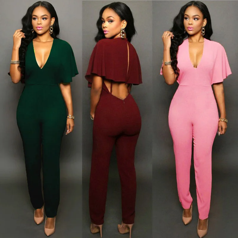 New Women Clubwear V neck Jumpsuits Party Slim Fit Solid