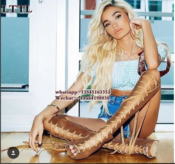 Cuir Automne Printemps Peep Gladiateur Sandales Haute Picture Femme En Toe as Up Brun À Chaussures Bottes Dentelle Picture Genou 2019 As Talons Hauts Femmes Mode The cL5qA3Rj4S