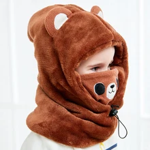 

Russian Children Winter Hat Scarf Full Cover Face Cute Cartoon Beanies Knit Hat Boy Girls Winter Cap Scarf for 3-12 Years Kids