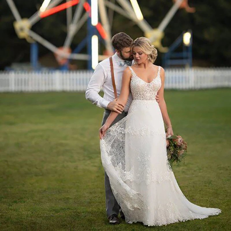 

Smileven A Line Soft Lace Wedding Dress V Neck Bride Dresses Appliqued Sexy Backless Boho Wedding Bridal Gowns 2019