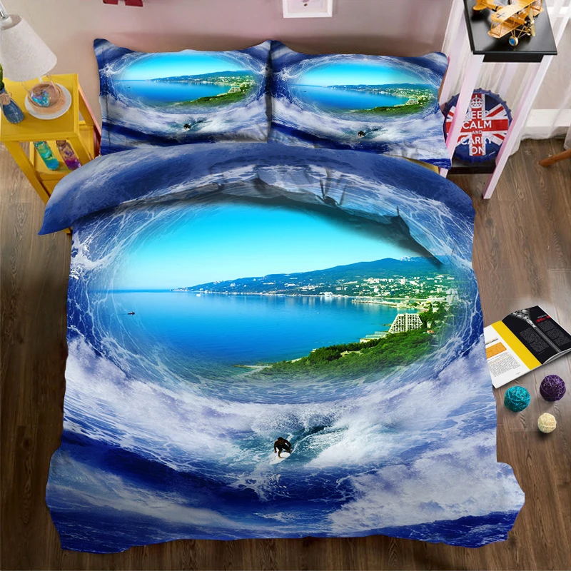 

Blue surface surfing 3d effect photo bed linen can be customized photo pattern