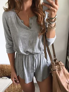 

New Fashion Women V-neck Long Sleeve Buttons Playsuit Ladies High Waist Lace-up Summer Holiday Beach Sundress Jumpsuit Trousers