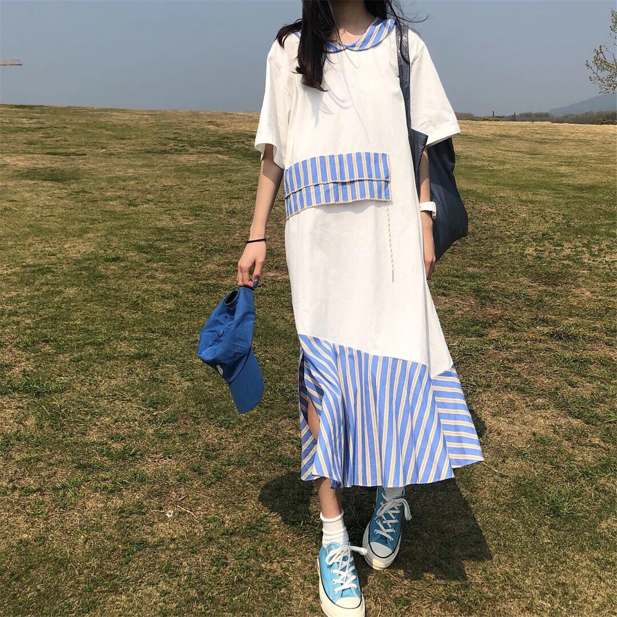 

2019 Spring and Summer Irregular Stripes Dress Cotton Casual Dress Retro Short Sleeve Ruffles High Street Dress
