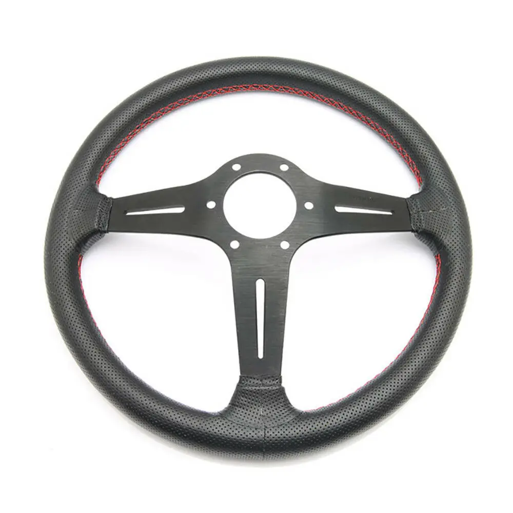 

350mm Leather Steering Wheel Deep Corn Dish Black Aluminum Spoke Steering Wheels with Horn And Red Stitching