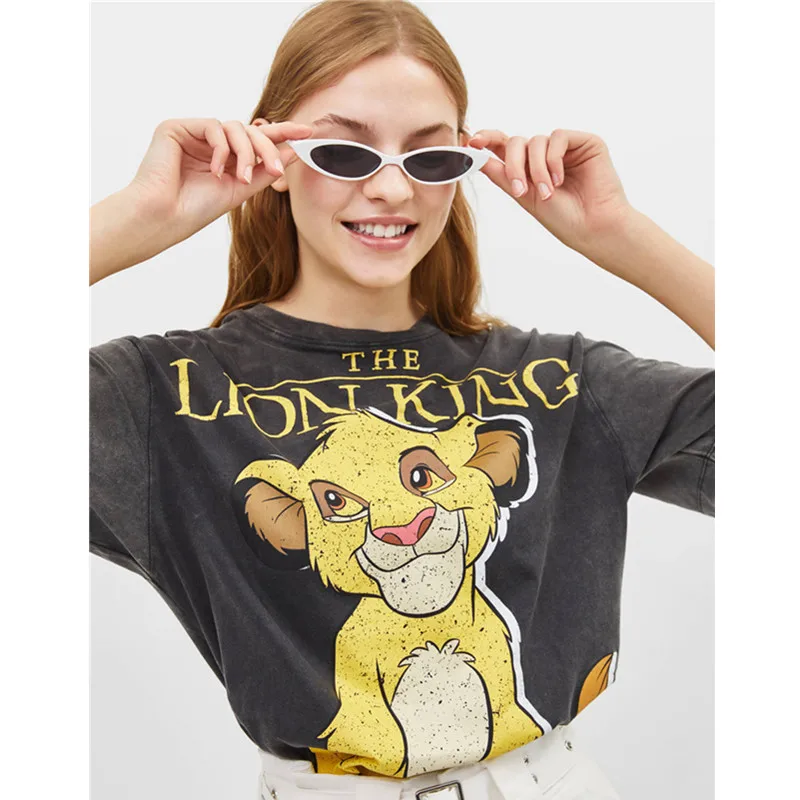 Женская хлопковая Футболка с принтом льва, летняя повседневная брендовая футболка с коротким рукавом и круглым вырезом, Милая женская серая футболка