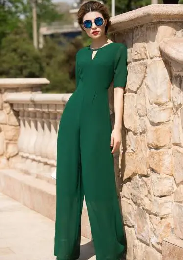 Jumpsuit for Women 2017 Summer Party Overalls Rompers Chiffon Elegant Green Full Length Bodysuit Plus Size M L XL 2XL 3XL