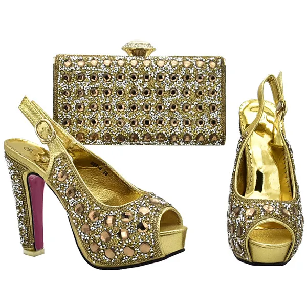 Новое поступление; итальянская обувь и сумка в комплекте; комплект из обуви и сумки высокого качества; вечерние туфли на каблуке и сумочка в нигерийском стиле - Цвет: Золотой