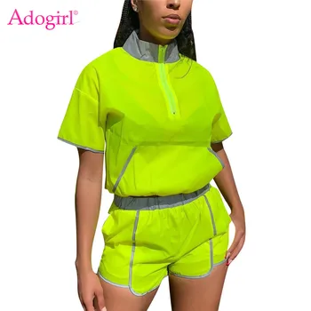 

Adogirl Color Patchwork Reflective Women's Tracksuit Two Piece Set Night Version Suits Stand Collar Short Sleeve Top + Shorts