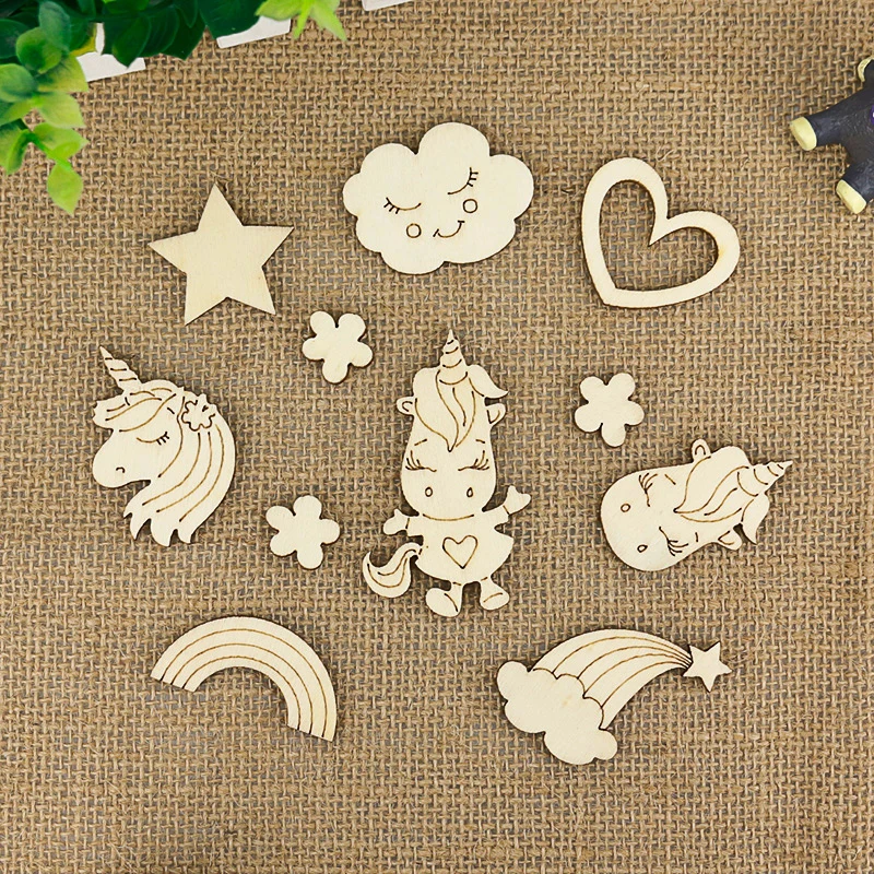 

30pcs/bag Mixed Star/ Cartoon Unicorn/ Heart/ Cloud Wood Chips Natural Wood for Children Handmade DIY Craft Wooden Accessories