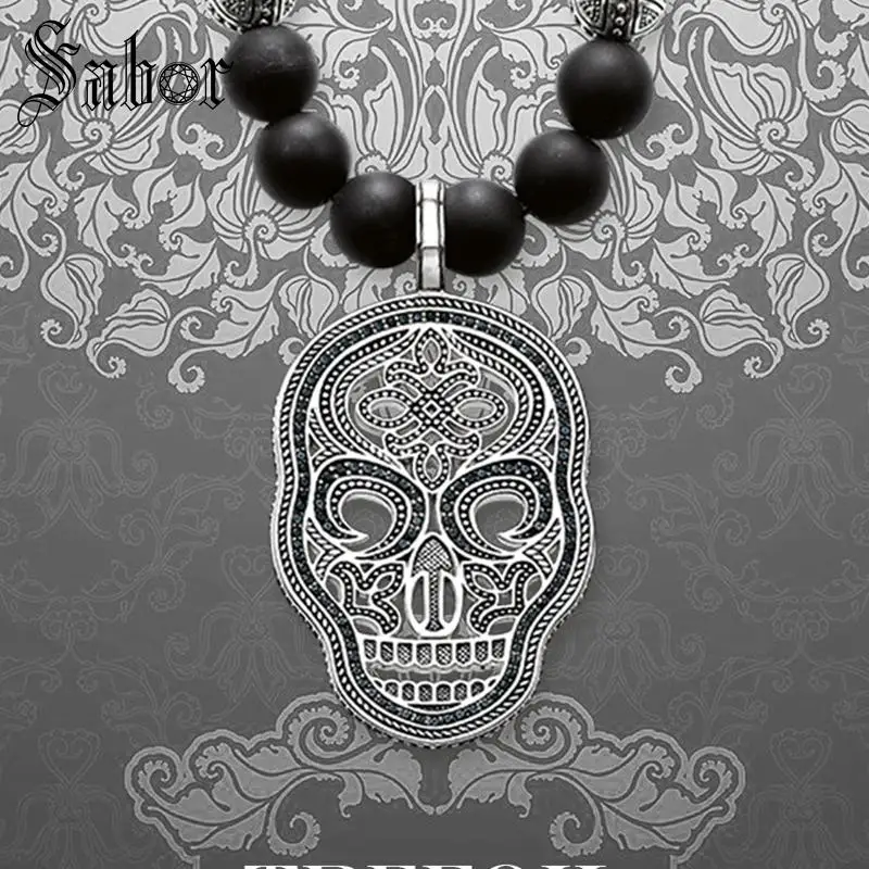 

Long Strand Big Necklace Skull Pendant Cross Beads Fashion 925 Sterling Silver Jewelry Punk Male Gift For Men Women Boy thomas