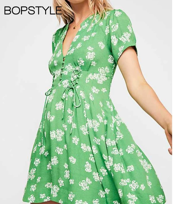 

Deep V Neck Short Sleeves Front Button Print Mini Dress Features Front & Back Double Lace-up For Gathering Waist & Ruched Detail
