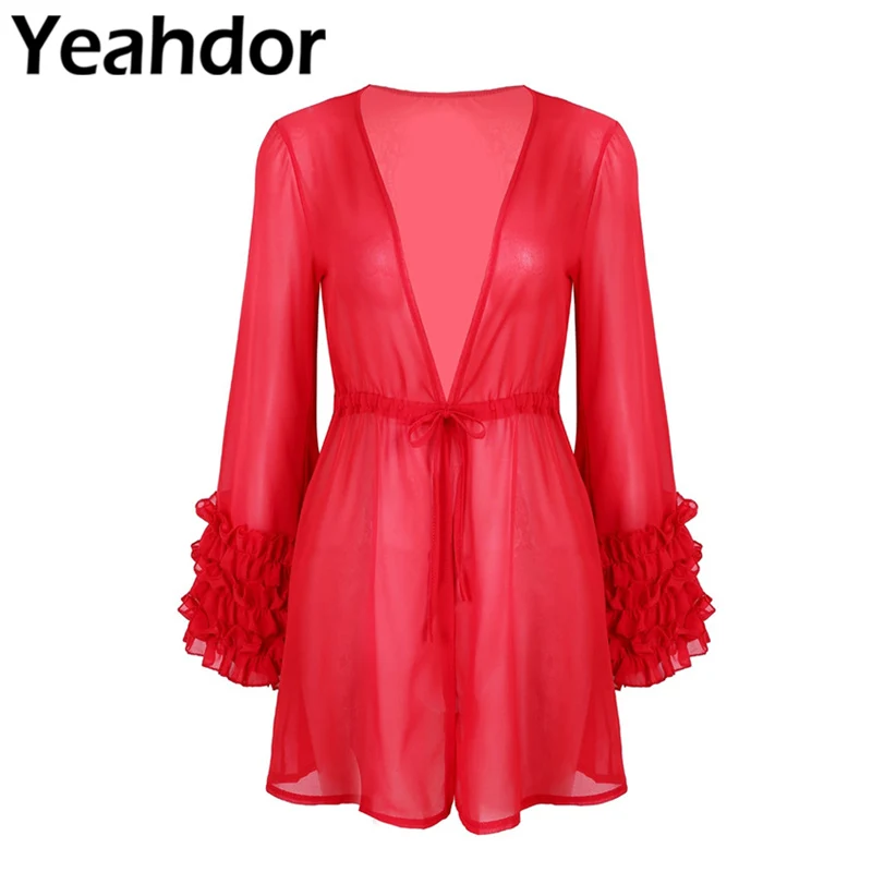 

Summer Womens Deep-V Neck Long Ruched Sleeves Chiffon Summer Beach Wear Cover Ups Swimsuit Cover Ups Party Wedding Dress Wrap