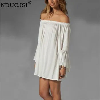 

NDUCJSI New Women Sexy Slash neck Solid Color Off Shoulder Beach Dress Ruffled Loose Casual Bohemia Dresses White Plus Size