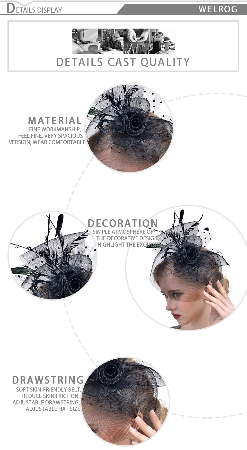 Pena para Mulheres de Linho Chapéu do Partido Welrog Senhora Elegante Onda Veil Sinamay Fascinators Hat Casamento Cocktail Fascinator Cap Fedora Dot 3 Acessórios da Moda