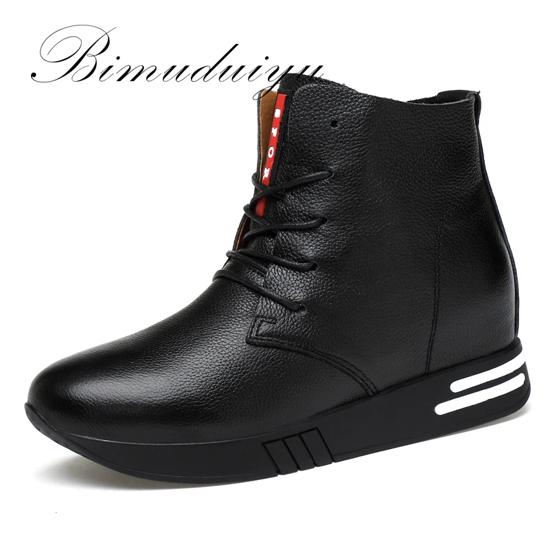 BIMUDUIYU Vintage Style Genuine Leather Warm Ankle Boots Woman Winter Fashion Martin Boot Inside Height Increase Handmade Shoes 