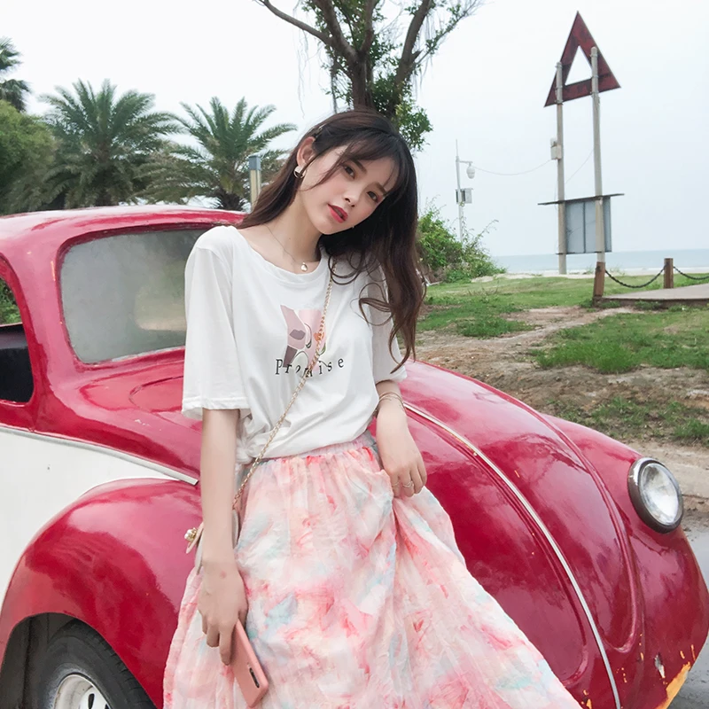 

Mishow 2019 Summer New Casual Cotton Solid Mid-sleeve Painting Print Round Neck Tops Women T Shirt MX19B3511