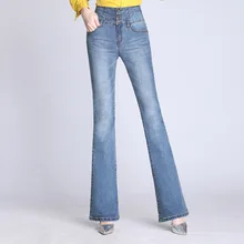 Высокая талия расклешенные джинсы для женщин; большие размеры джинсовые брюки стрейч женские облегающие джинсы колокол джинсы с кроем для женщин Цвет: черный, синий