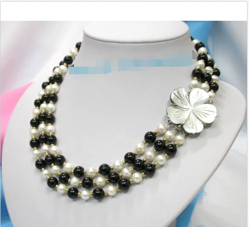 

3row white cultured pearls black agate necklace shell c