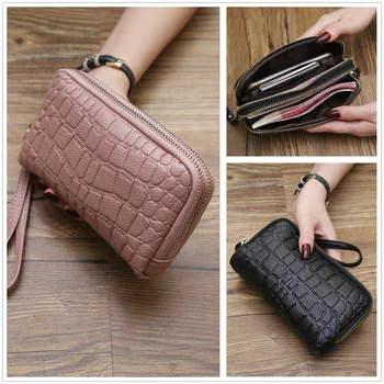 

Fashion 2020 New Natural Leather Handbag Women Double Zipper Large Capacity Hand Holding Package Female Coin Purse Phone Bag