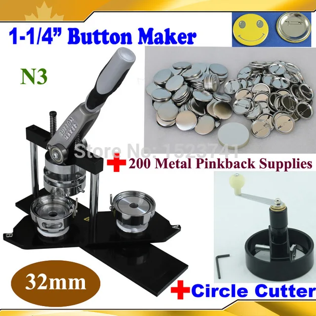 

Pro N3 Worldwide Class 1-1/4" 32mm Badge Button Maker Machine +Metal Circle Cutter+200 Sets Metal Pinback Supply