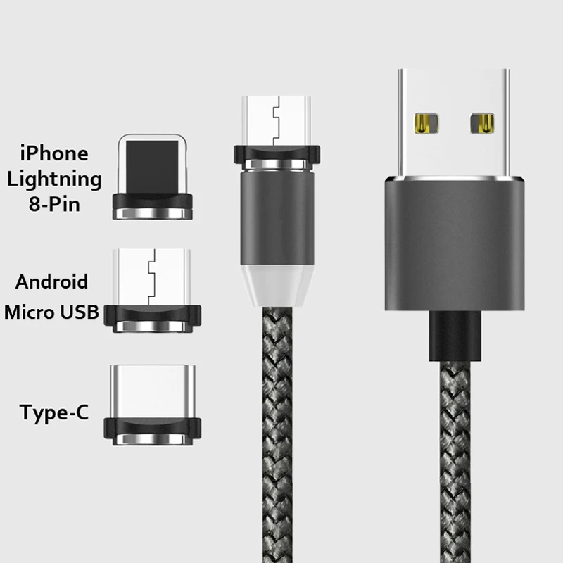 3 в 1 2.4A кольцевой USB интерфейс магнит нейлоновый плетеный кабель для зарядки телефона кабель для iPhone 8-Pin/Micro USB/type-C USB кабель