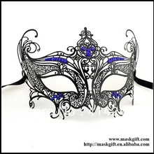 Хэллоуин дизайн венецианские черные металлические маски с ярко-синие кристаллы 48 шт./партия MD002-BLBK