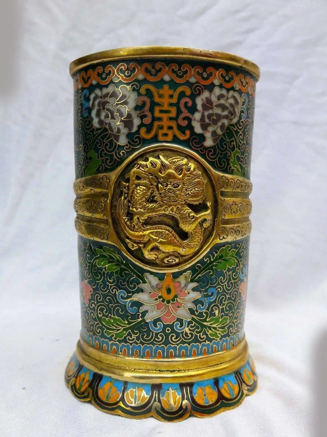 

China bronze Gold-plated Cloisonne carved finely dragon Pen container Statue