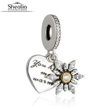 SHEALIA 925 Plata Esterlina CZ del Copo de nieve de Navidad Cuelgan Granos Del Corazón Colgante de Los Encantos de Dos Tonos Para Las Mujeres Pulseras y Brazaletes de Bricolaje